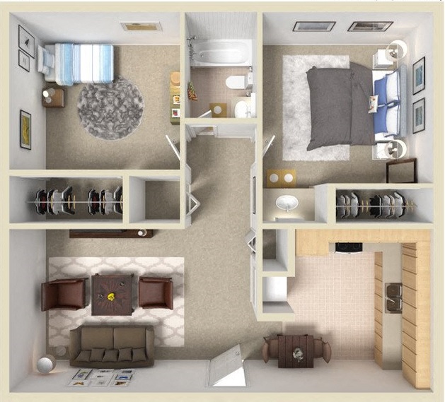 Floor plan for 2 beds, 1 bath, 850 sqft